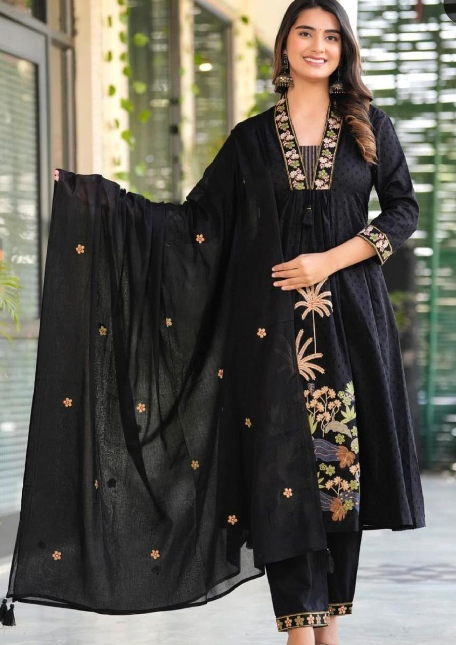 Pure Cotton Kurti Pant and Dupatta Set in Black with Heavy