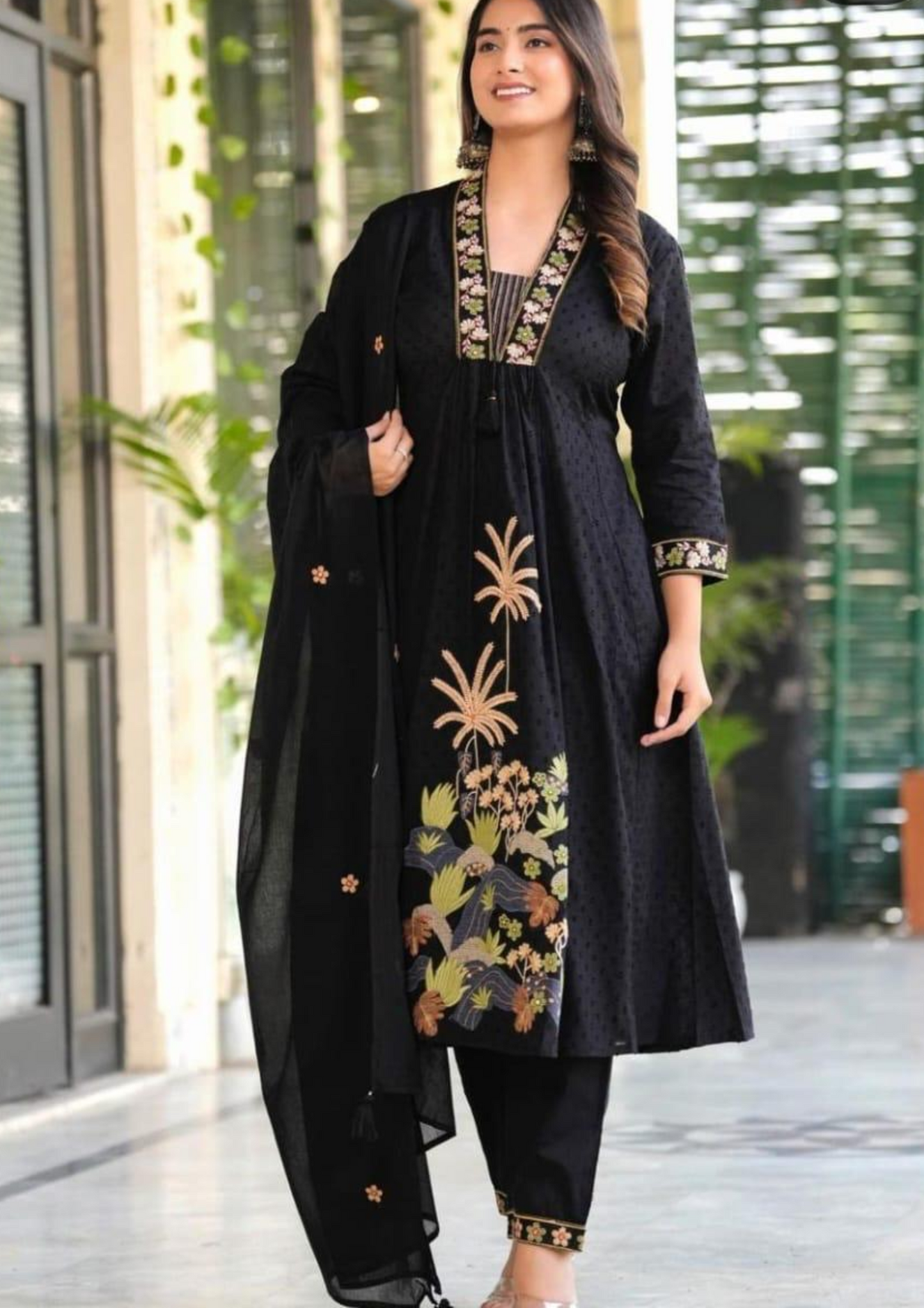 Pure Cotton Kurti Pant and Dupatta Set in Black with Heavy Embroidery