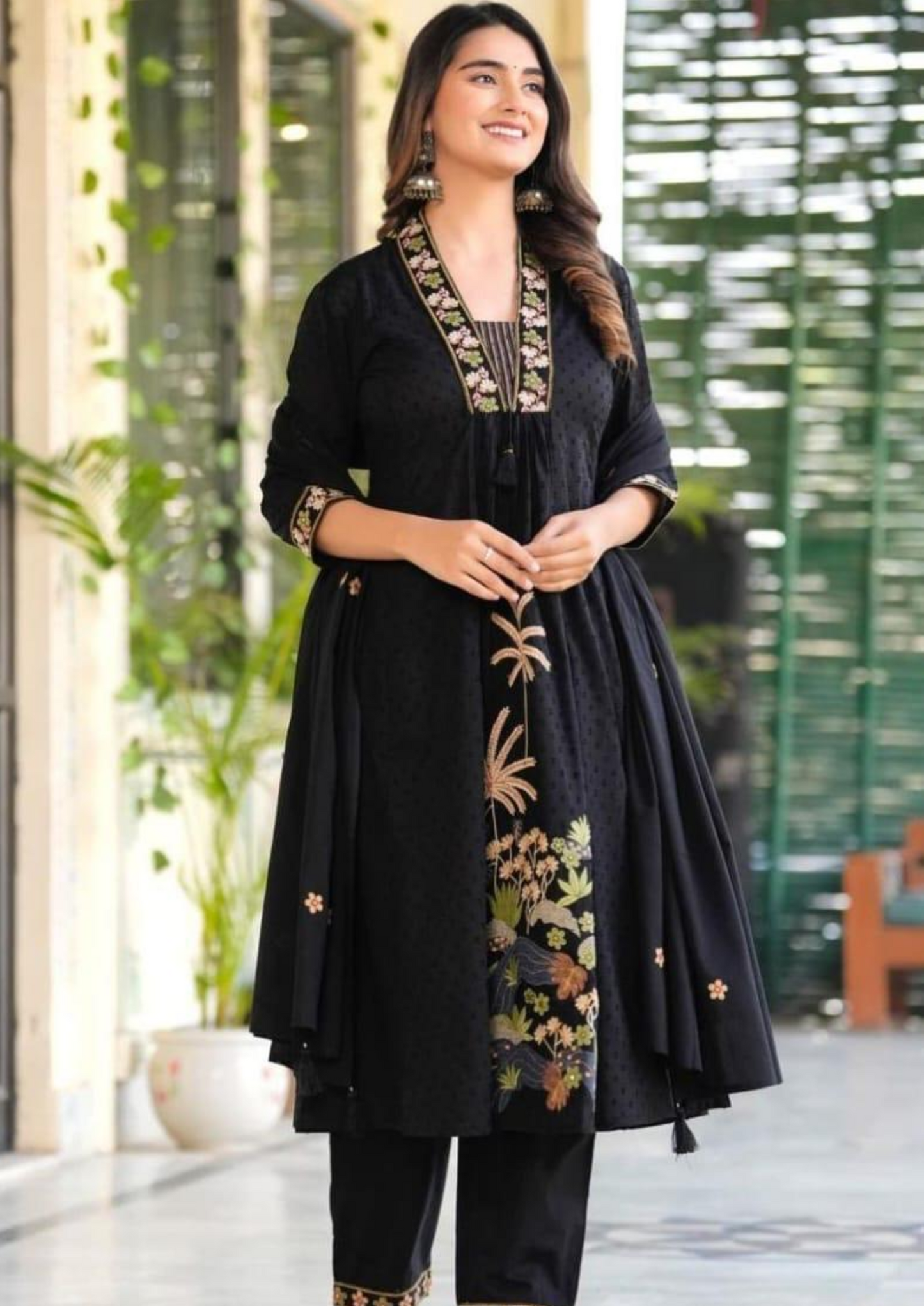 Pure Cotton Kurti Pant and Dupatta Set in Black with Heavy Embroidery