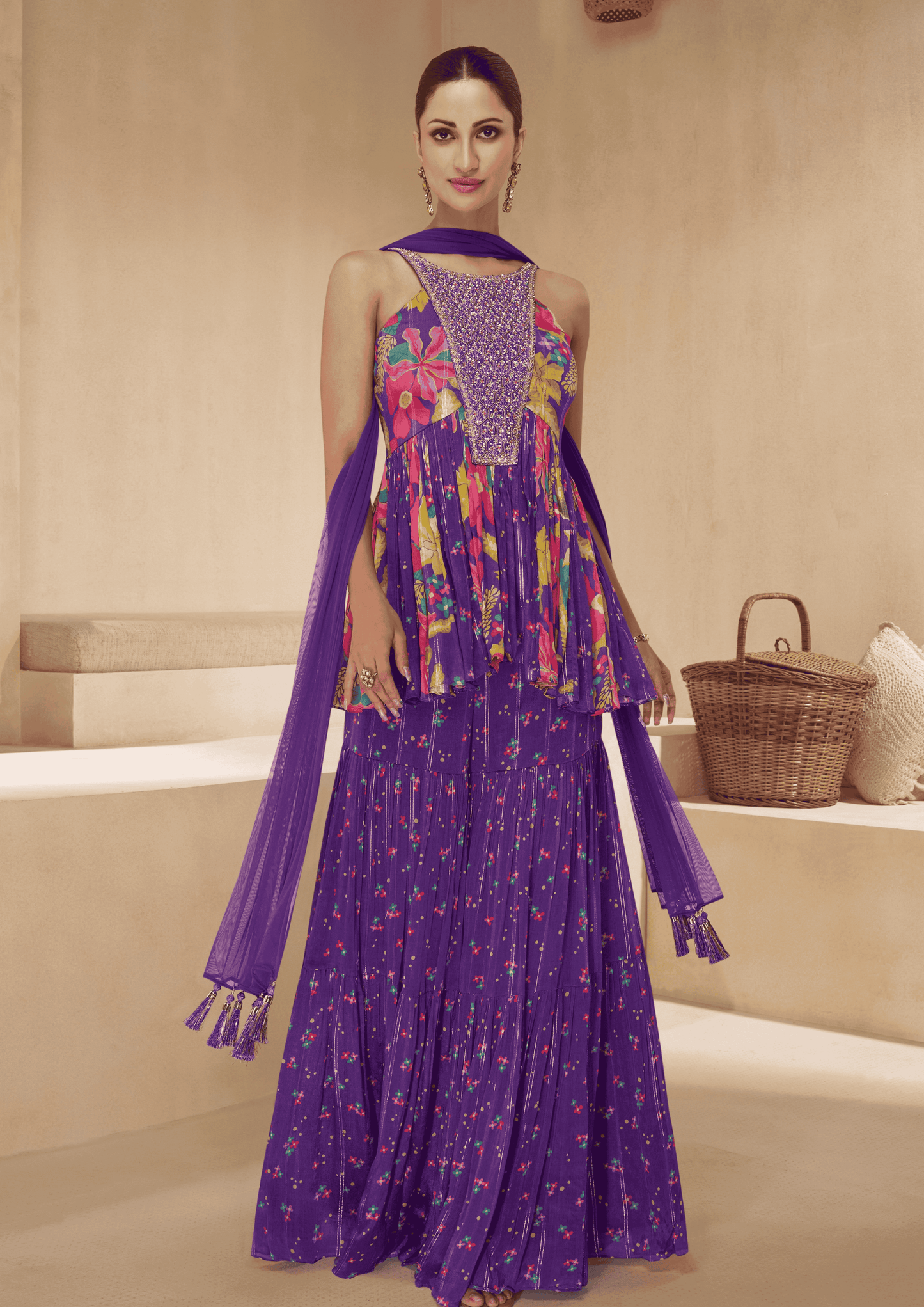 Digital Printed Embroidered Sharara Suit Set in Purple