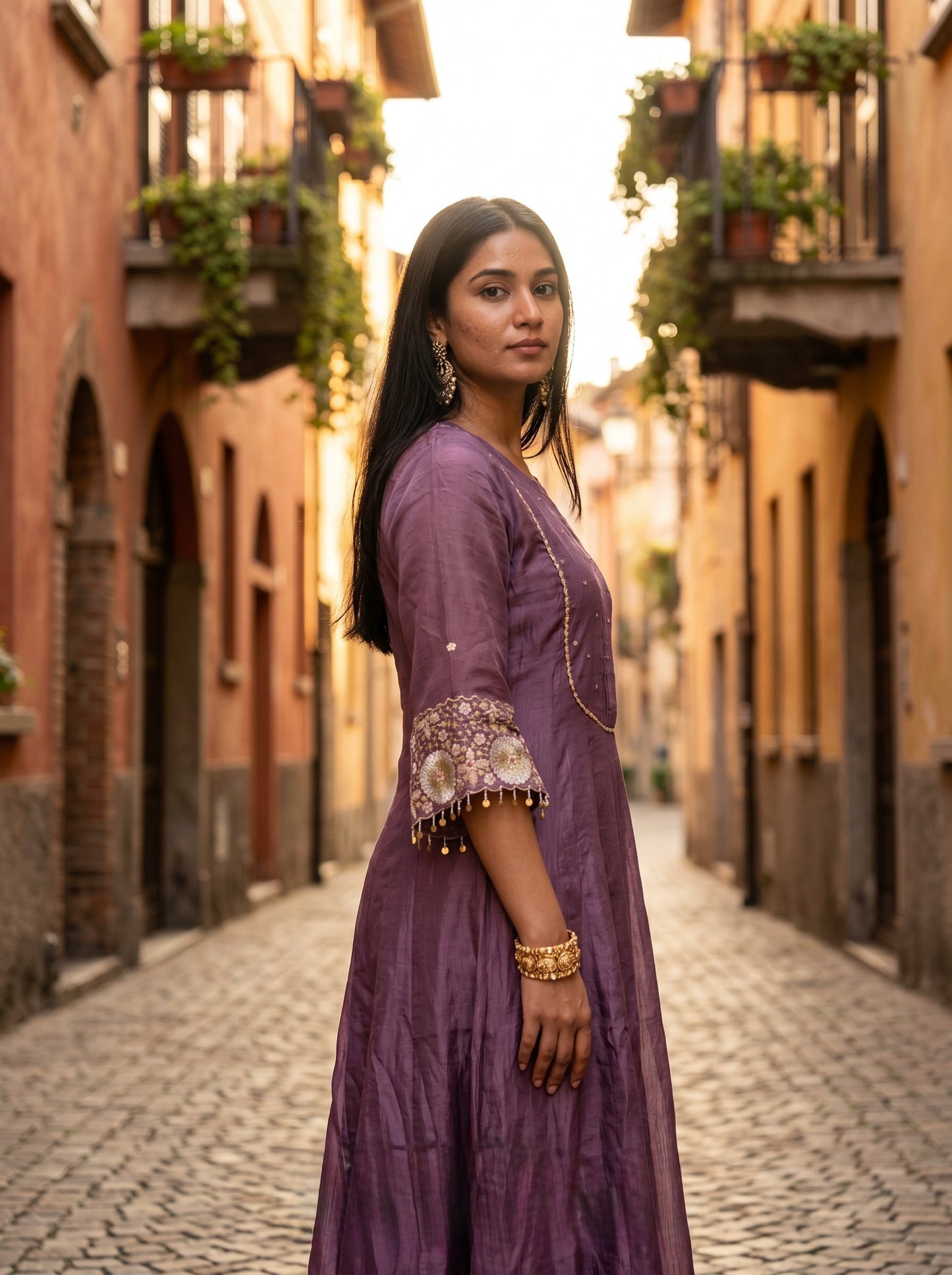 Purple Anarkali in Shimmer Tissue with Sequins Detailing