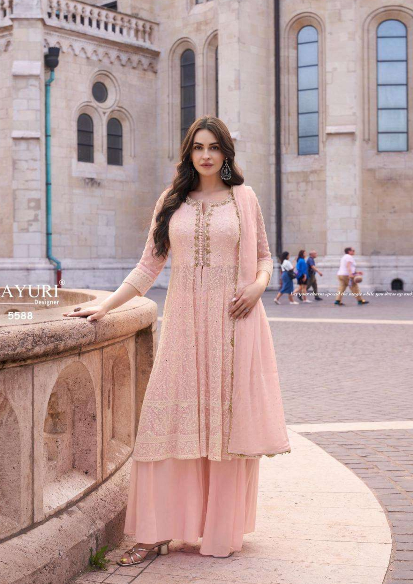 Blush Pink Embroidered Palazzo Suit with Dupatta in Georgette