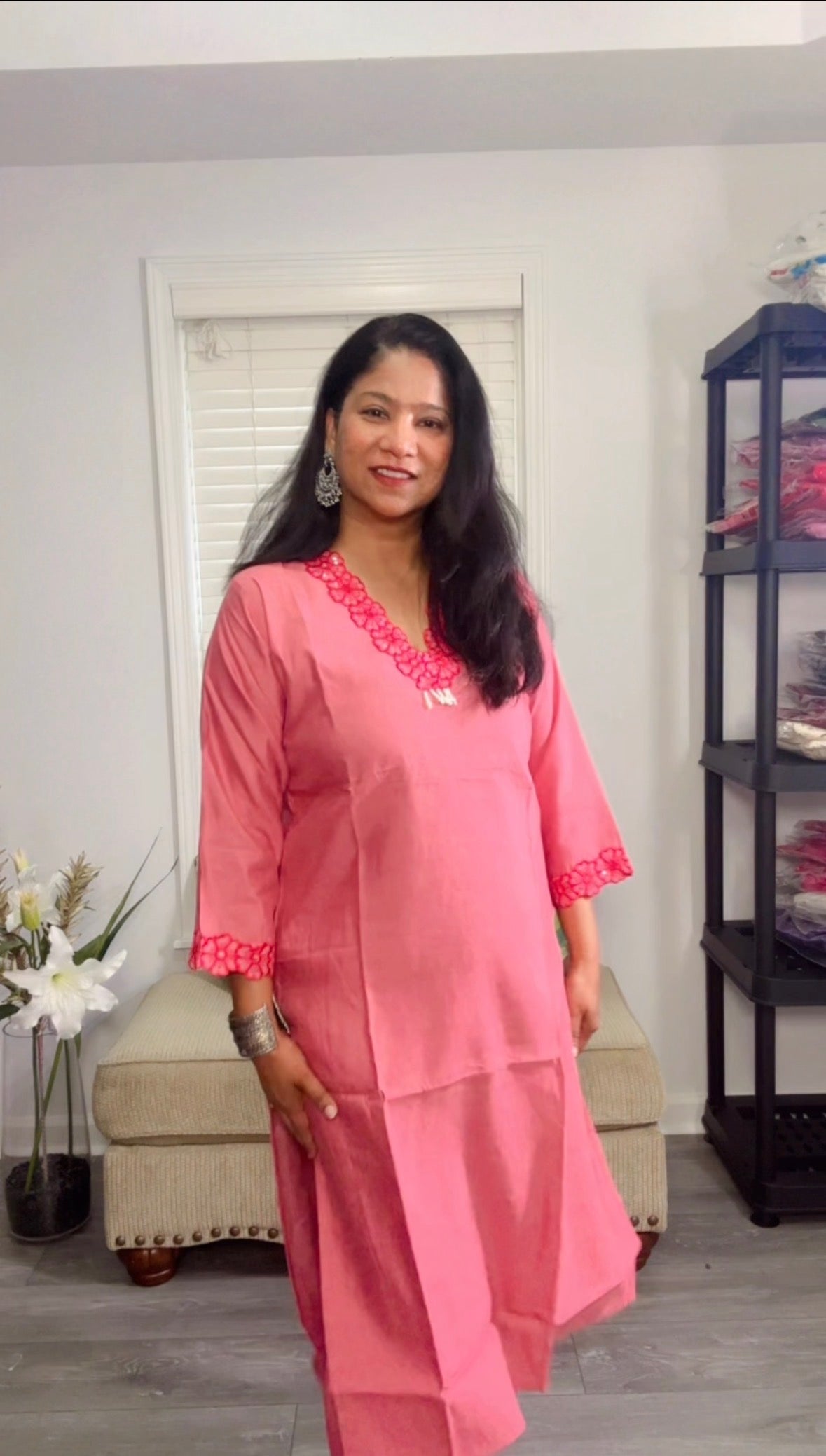 Champagne Pink Cotton Silk Set with Pearl Cutwork Embroidery