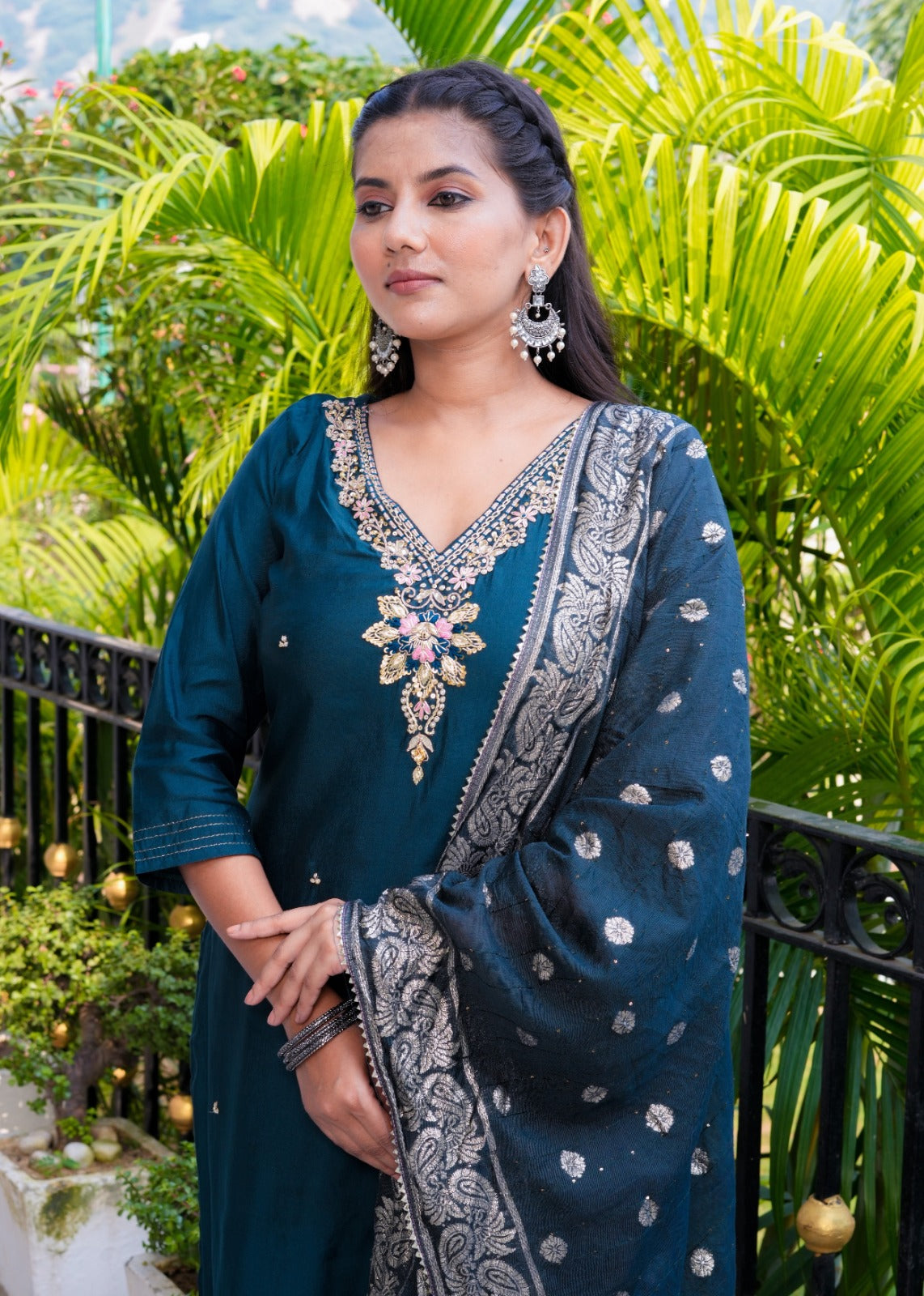 Silk Salwar Suit in Dark Green