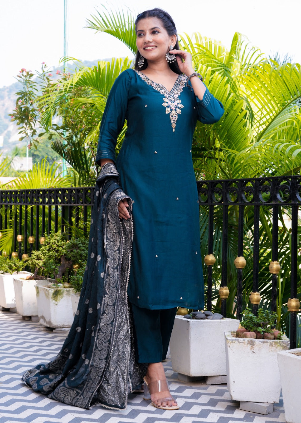 Silk Salwar Suit in Dark Green