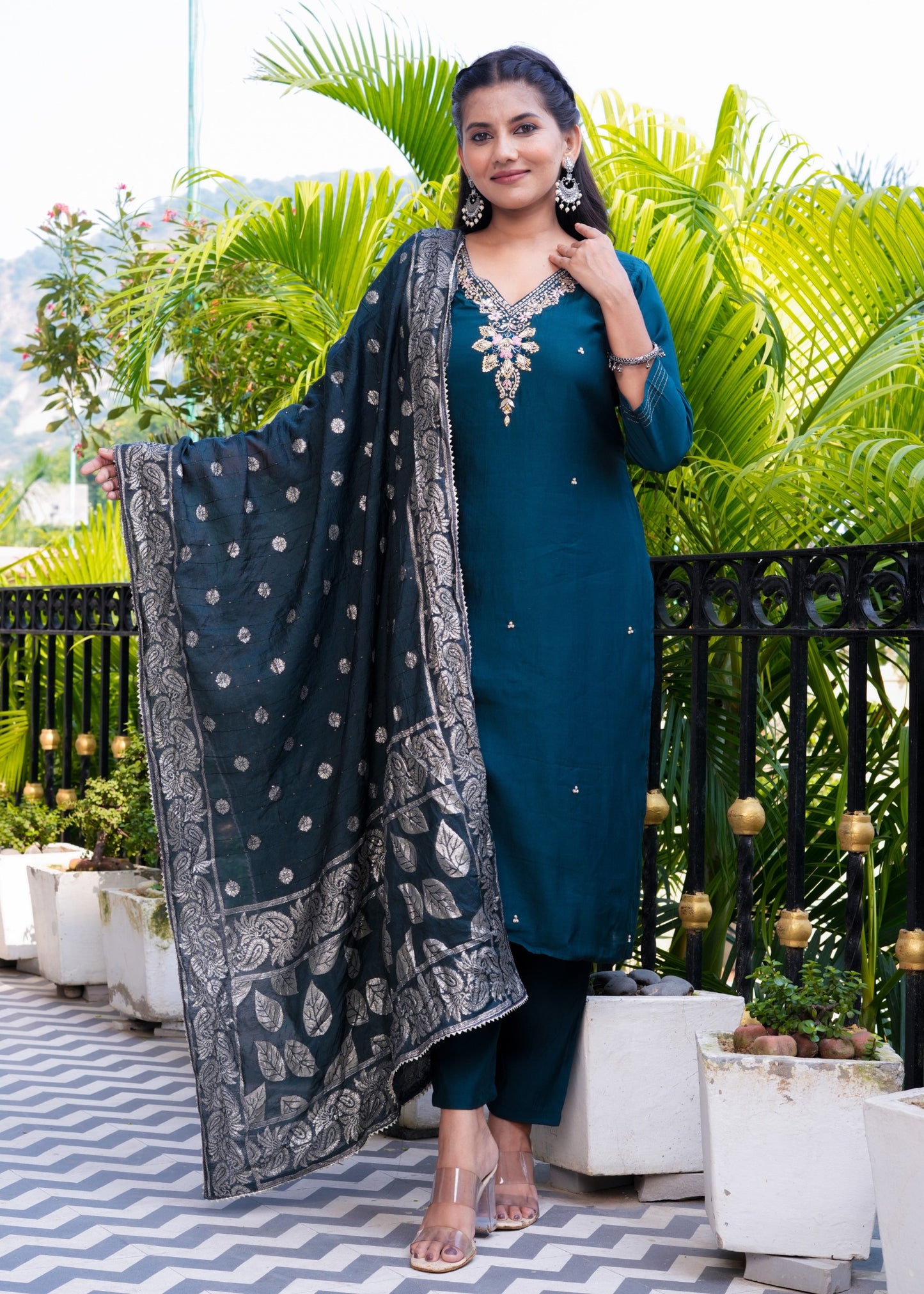 Silk Salwar Suit in Dark Green
