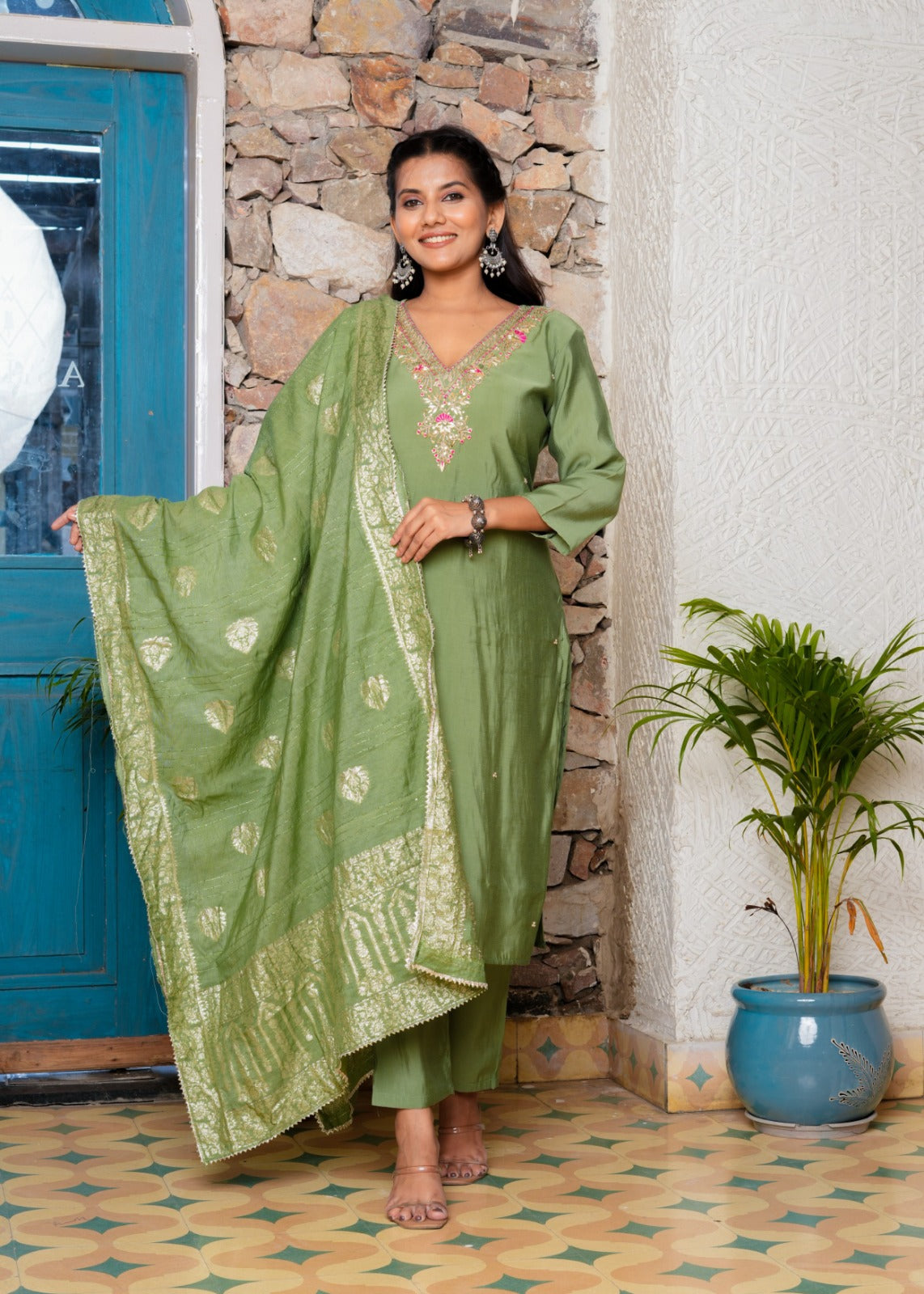 Silk Salwar Suit in Green