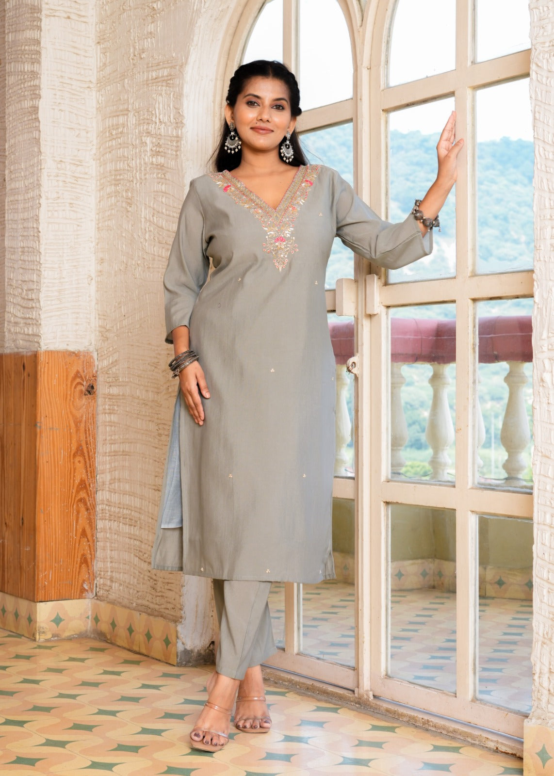 Soft Silk Salwar Suit in Gray