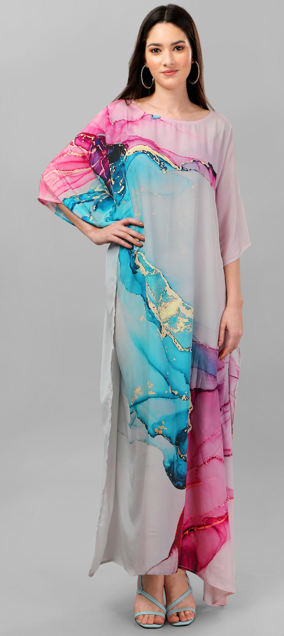 Silk Kaftan Full Length in Blue and Pink