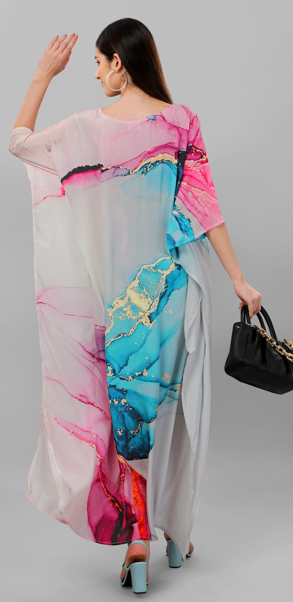 Silk Kaftan Full Length in Blue and Pink