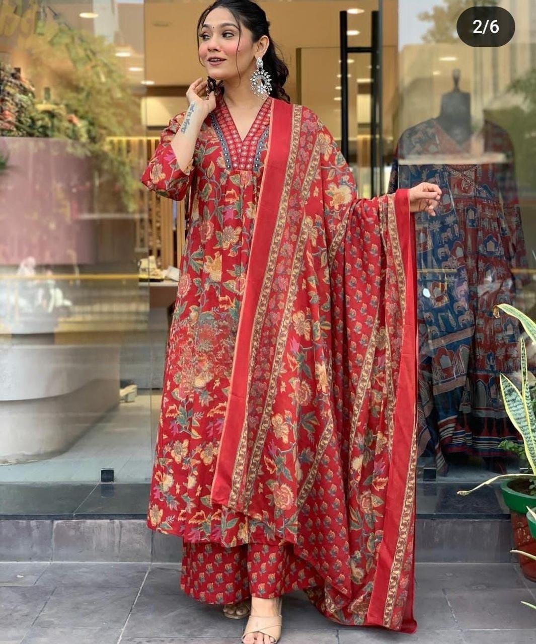 Vibrant Red Cotton Kurta Palazza and Dupatta Set
