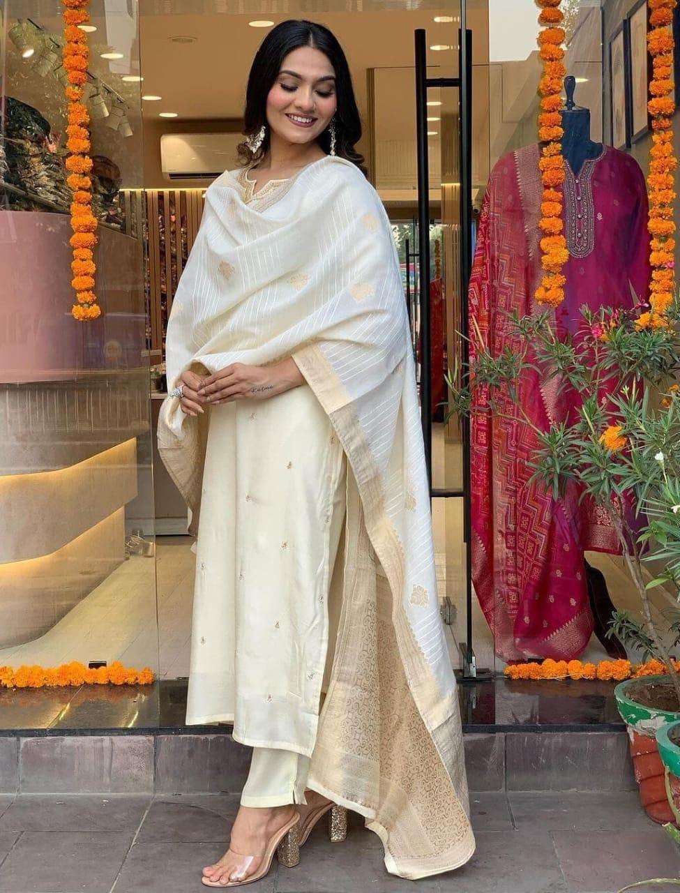 Chanderi Silk Kurta Set in Beige