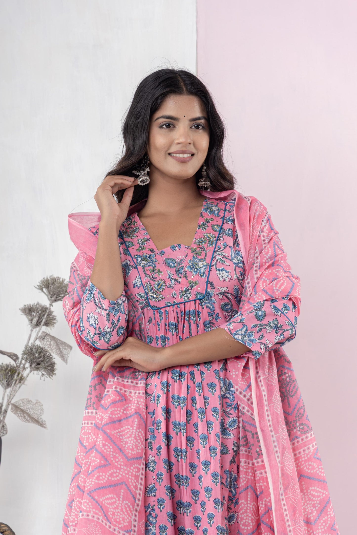 Jaipur Cotton Printed Kurta Pant and Dupatta Set in Pink