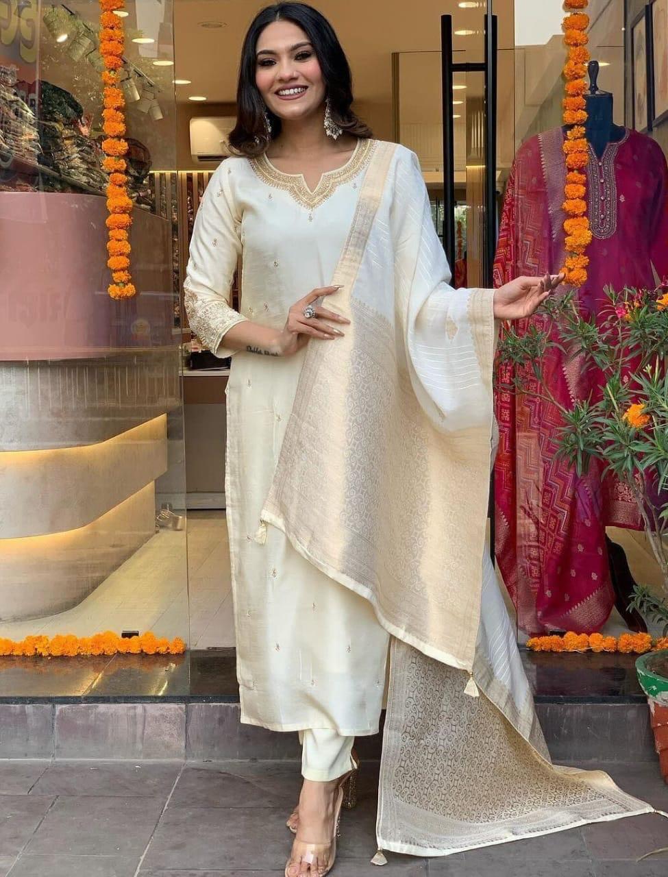 Chanderi Silk Kurta Set in Beige