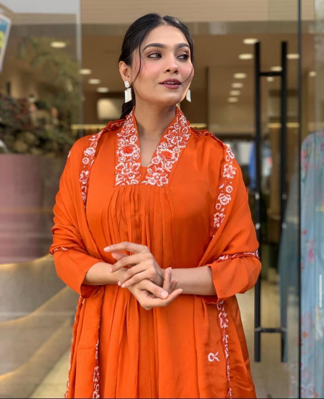 Orange V-Neck Embroidered A-line Anarkali Kurta Pant Dupatta Set