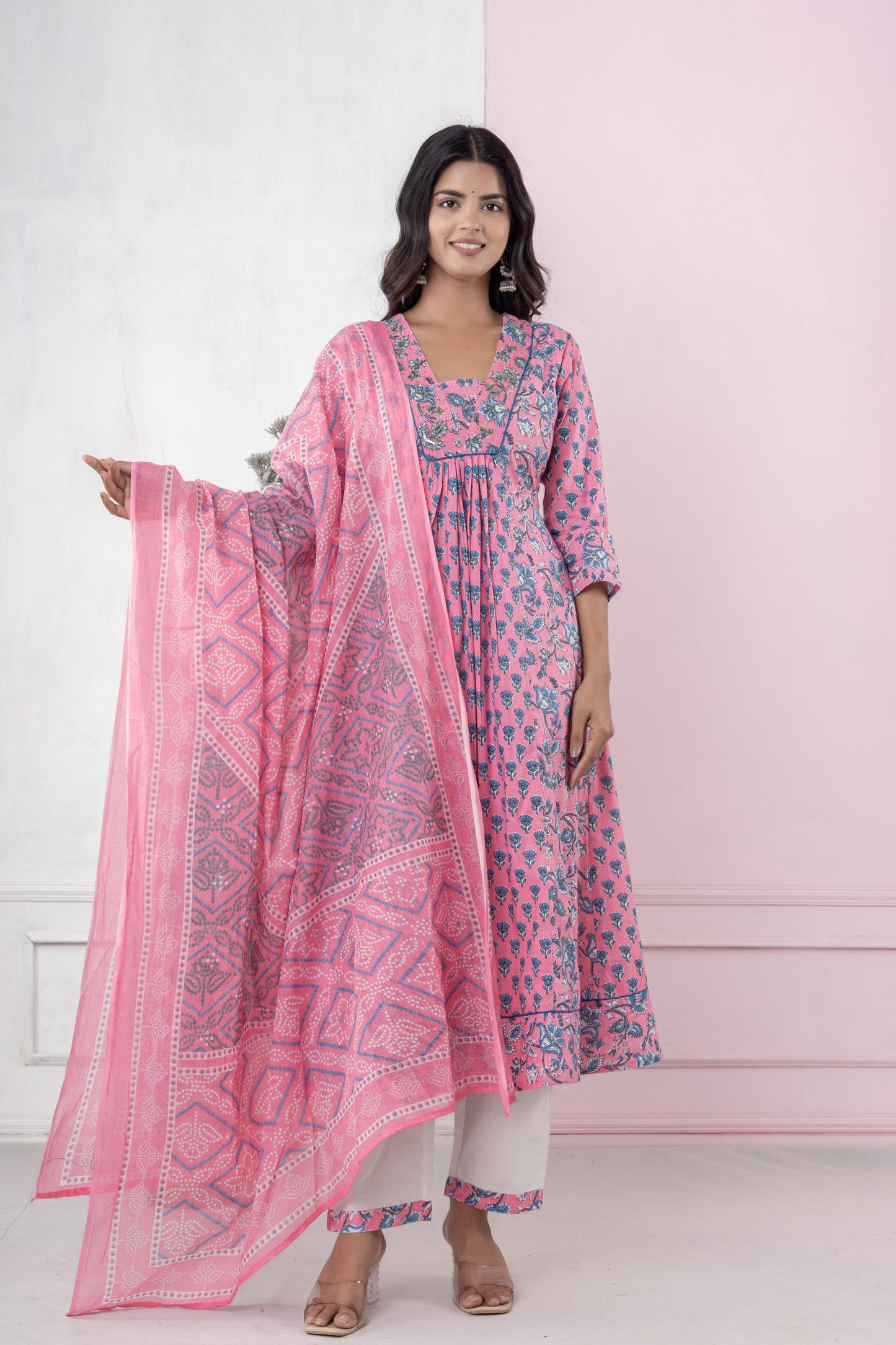 Jaipur Cotton Printed Kurta Pant and Dupatta Set in Pink