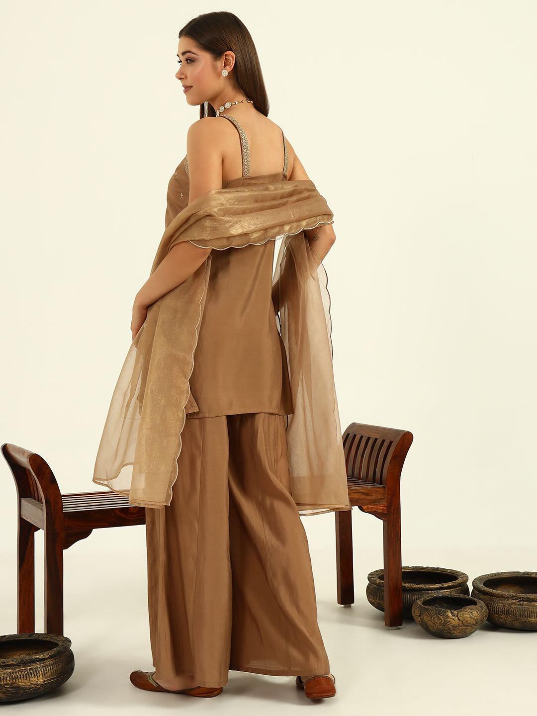 Brown Viscose Chanderi Straight Kurta with Palazzo and Dupatta