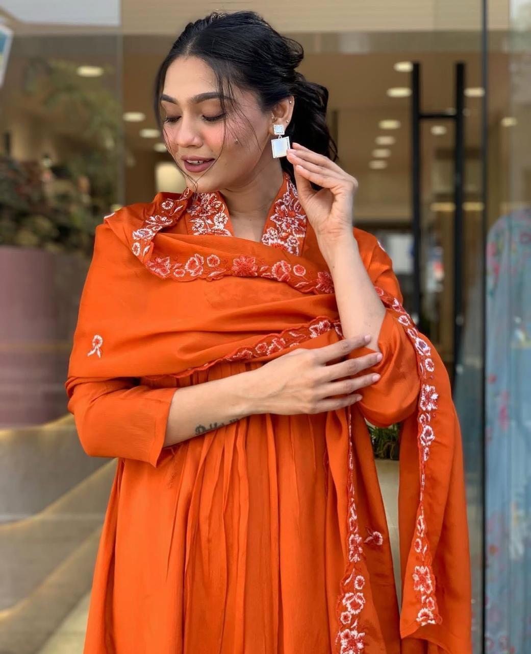 Orange V-Neck Embroidered A-line Anarkali Kurta Pant Dupatta Set