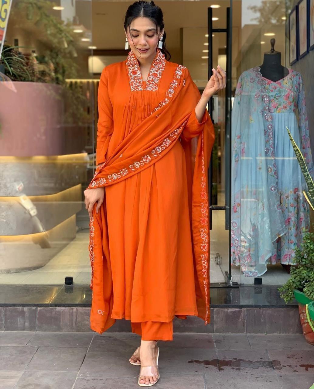 Orange V-Neck Embroidered A-line Anarkali Kurta Pant Dupatta Set