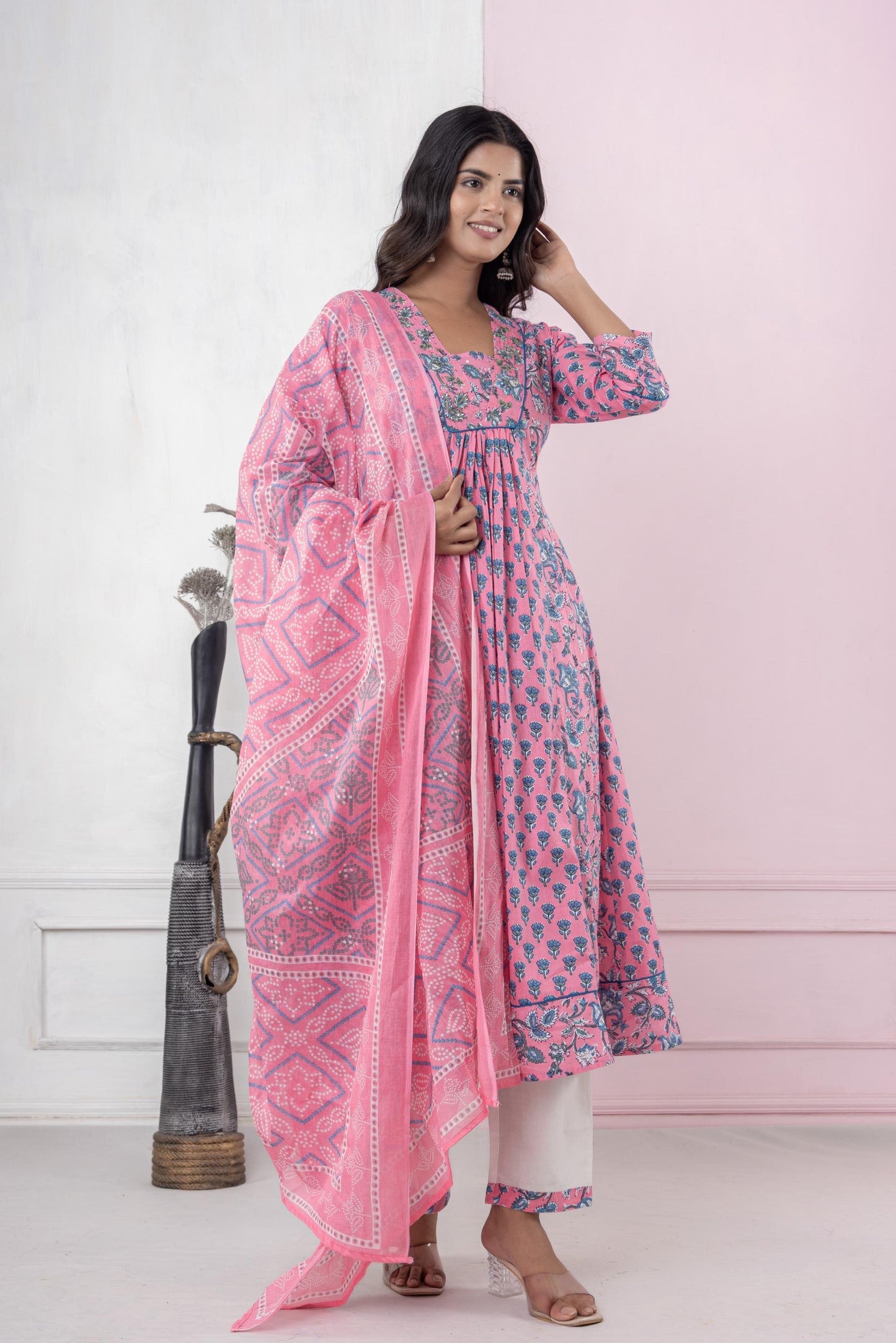 Jaipur Cotton Printed Kurta Pant and Dupatta Set in Pink