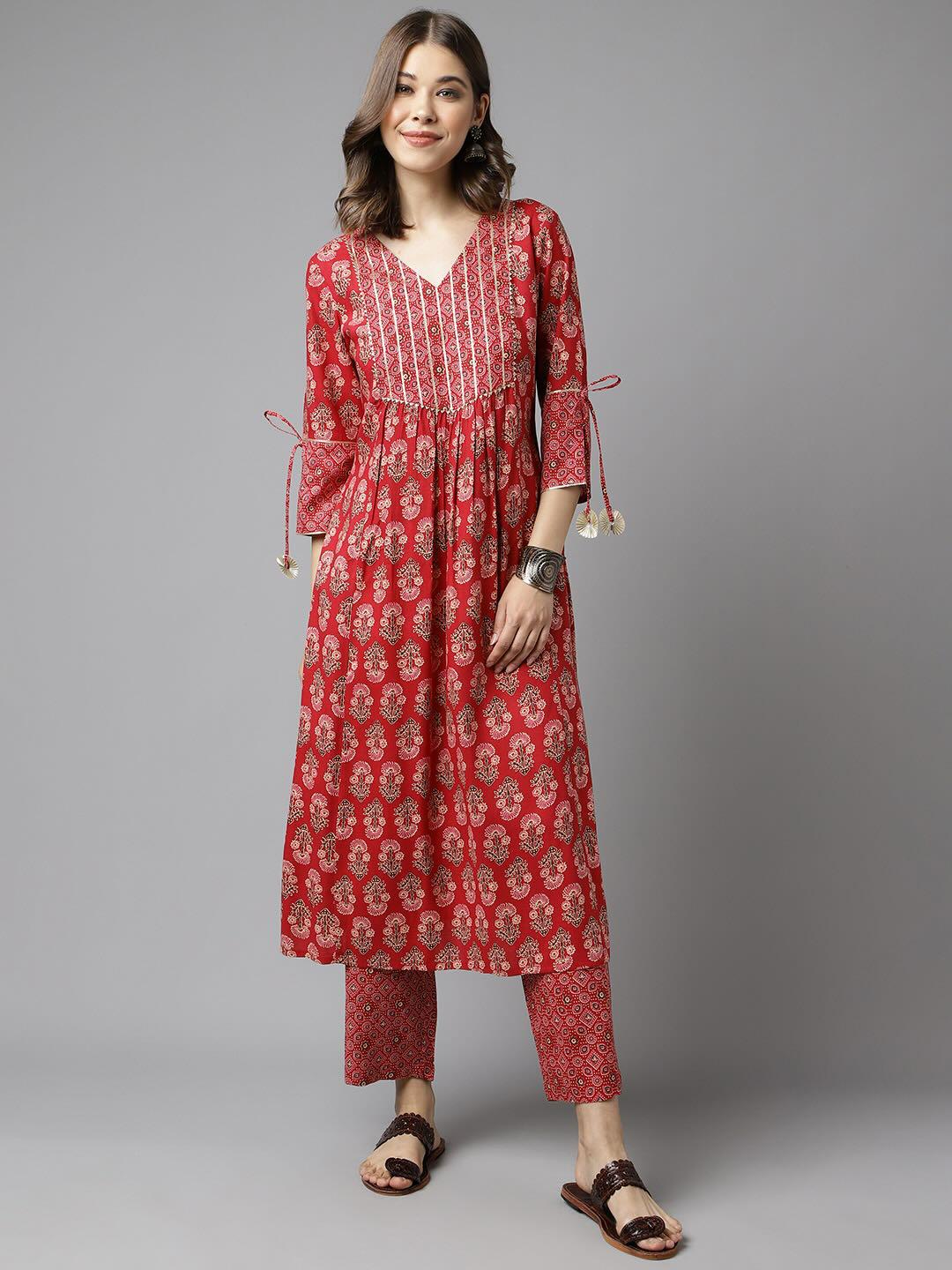 Printed Cotton A-line Kurta Set in Red