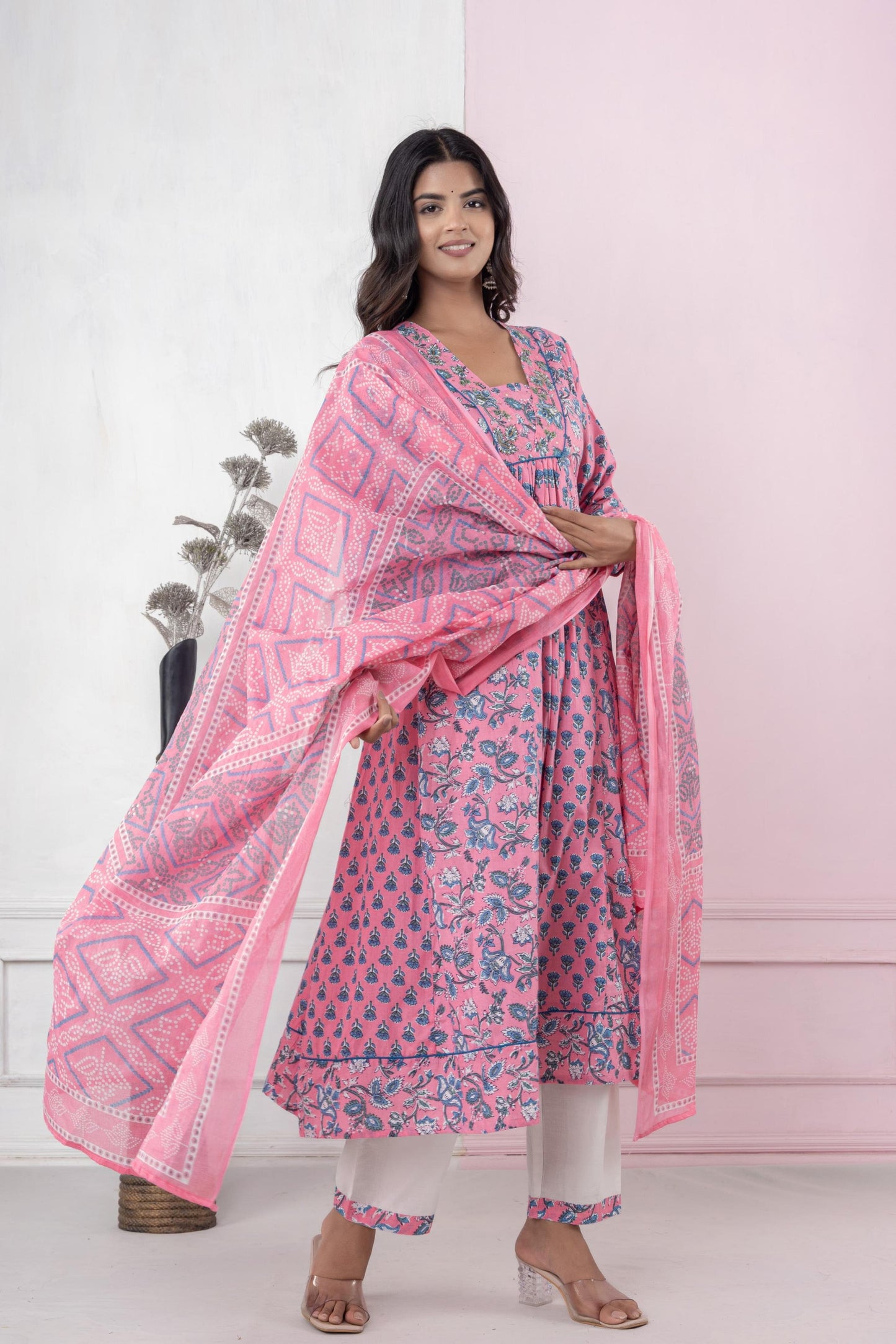 Jaipur Cotton Printed Kurta Pant and Dupatta Set in Pink