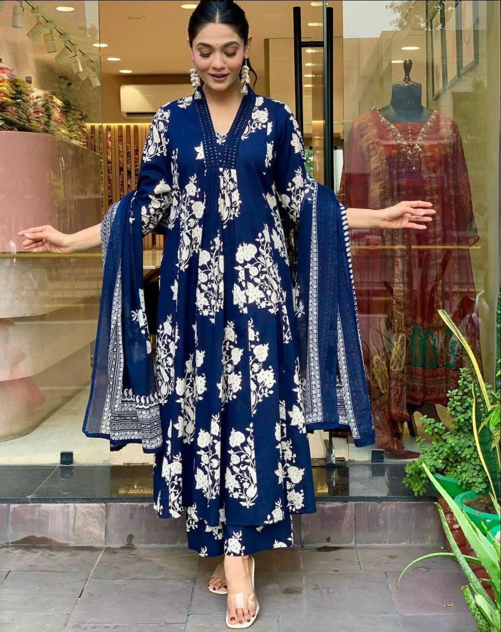 Blue Anarkali Printed Kurta with Palazzo and Dupatta Set