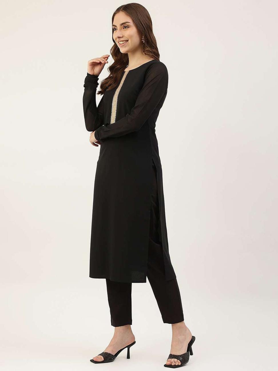 Embellished Straight Black Salwar Suit In Crepe Silk