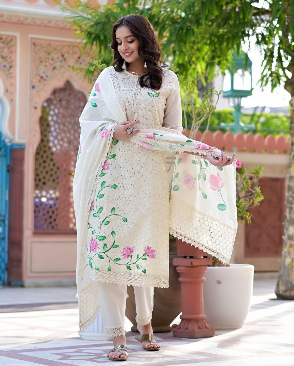White Salwar Suit Set with Hand Printed Kurti Pant and Dupatta
