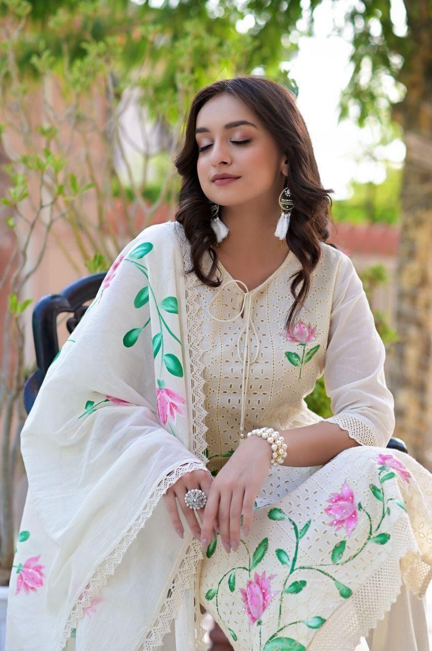 White Salwar Suit Set with Hand Printed Kurti Pant and Dupatta