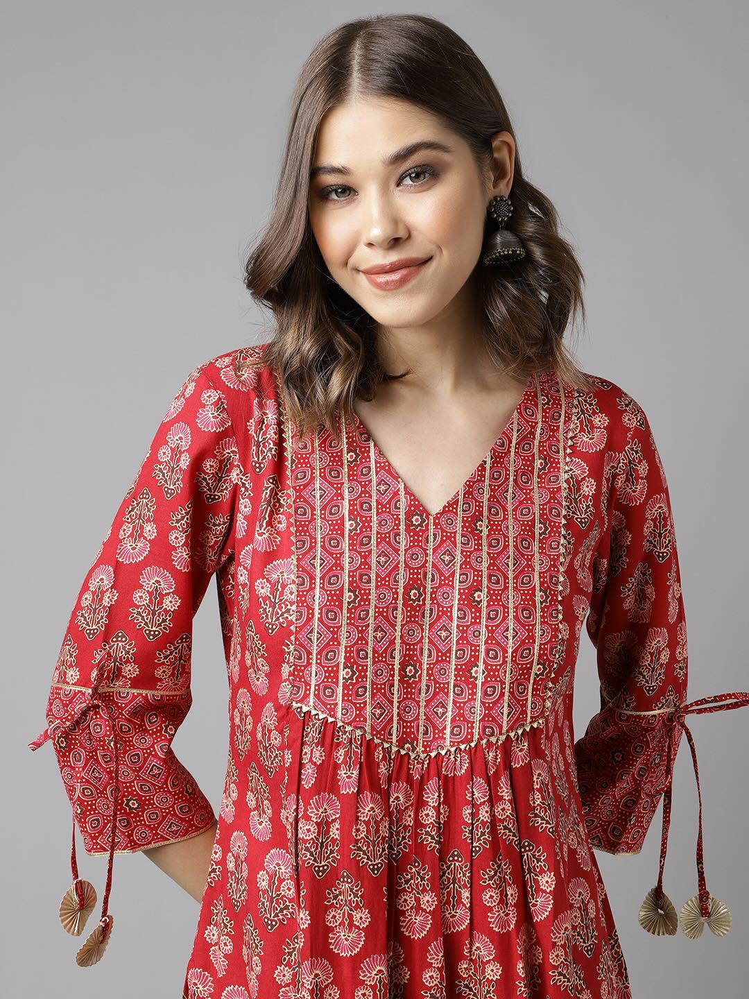 Printed Cotton A-line Kurta Set in Red