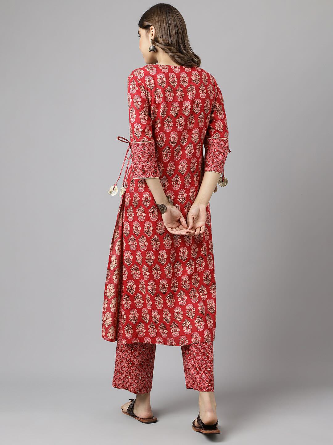 Printed Cotton A-line Kurta Set in Red