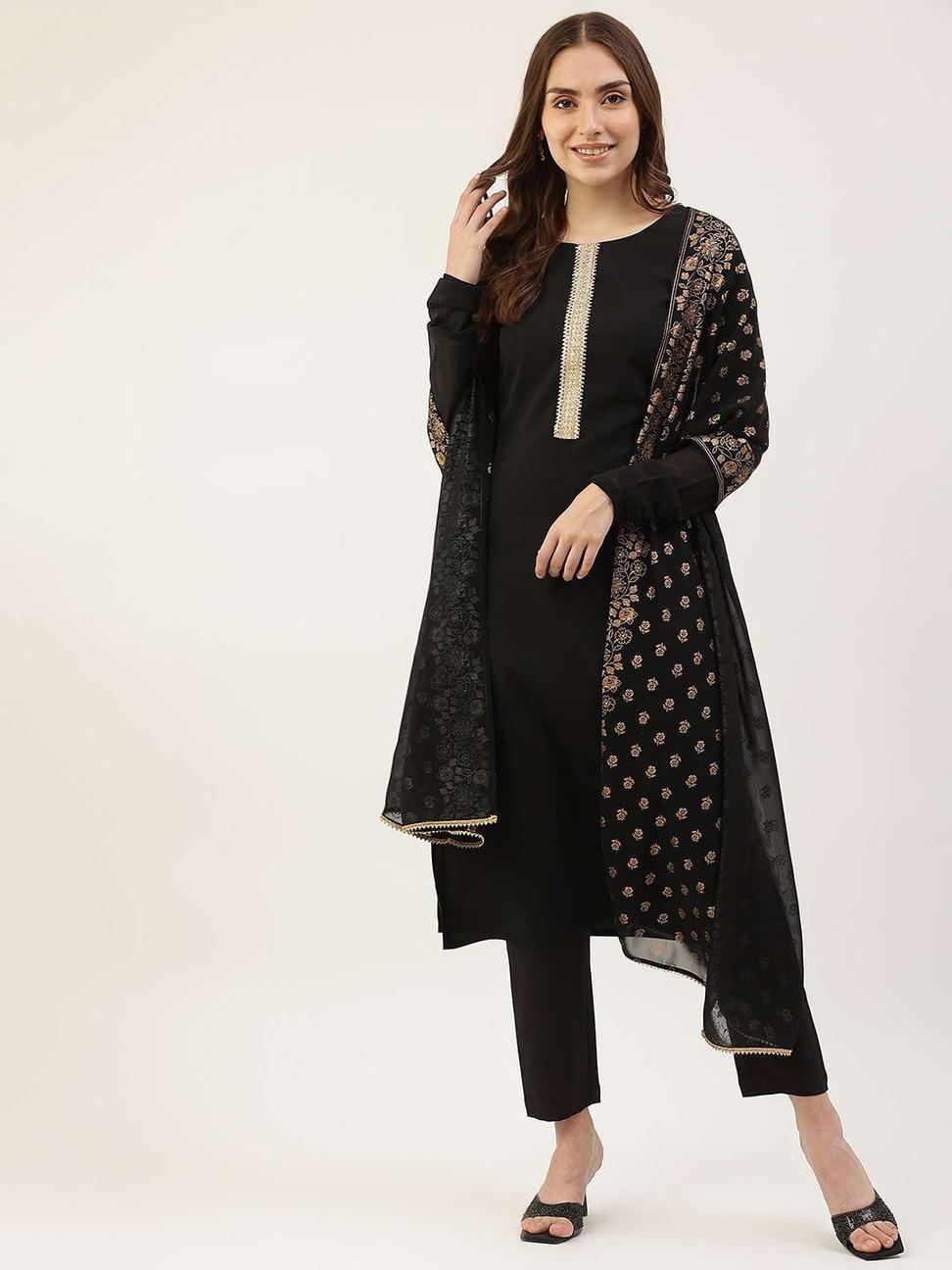 Embellished Straight Black Salwar Suit In Crepe Silk