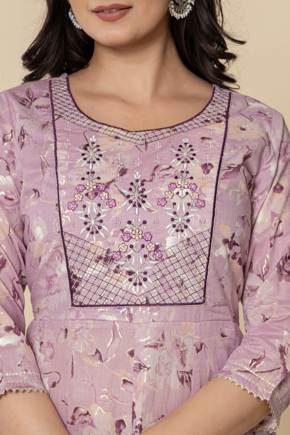 Purple Printed Cotton Kurta Pant and Dupatta Set