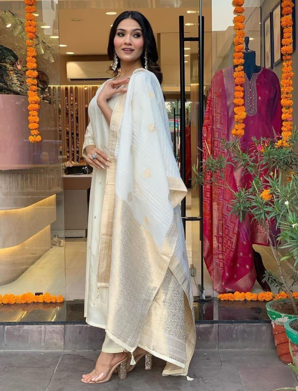 Chanderi Silk Kurta Set in Beige