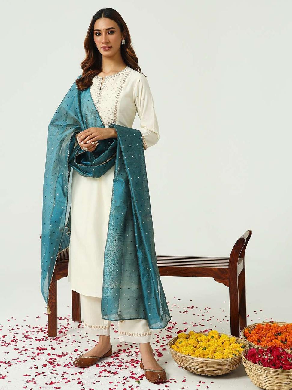 Ivory Silk Blend Embroidered Salwar Suit with Dupatta