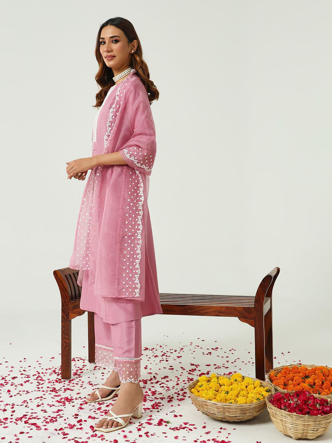 Pink Cotton Silk Flared Kurta and Palazzo With Embroidered Dupatta