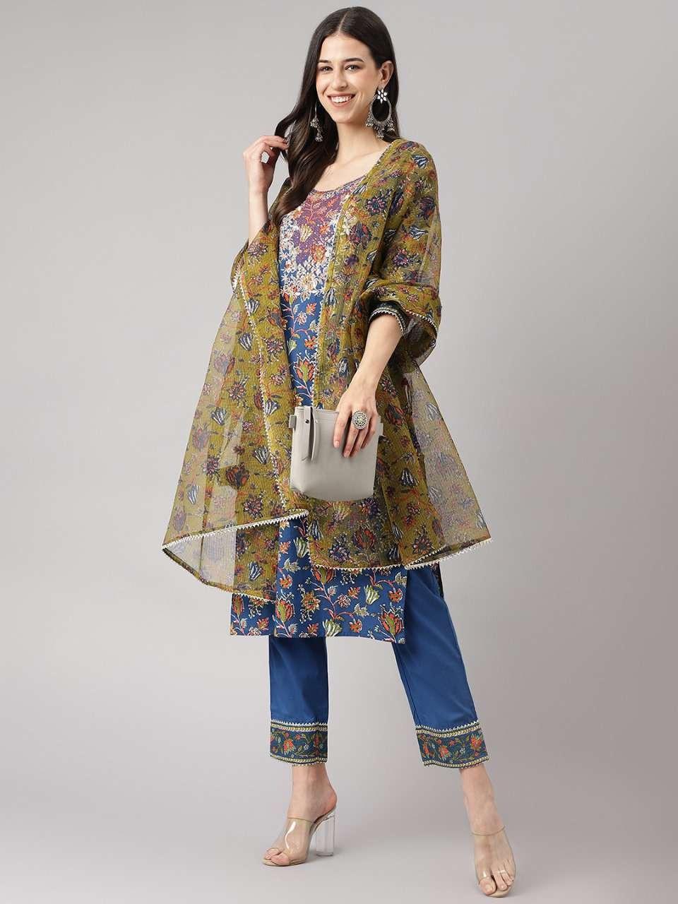 Blue and Green Floral Printed Cotton Kurta Pant Set with Dupatta