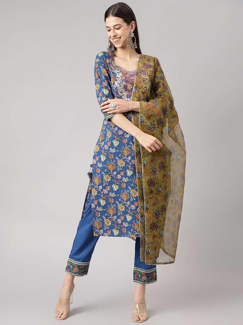 Blue and Green Floral Printed Cotton Kurta Pant Set with Dupatta