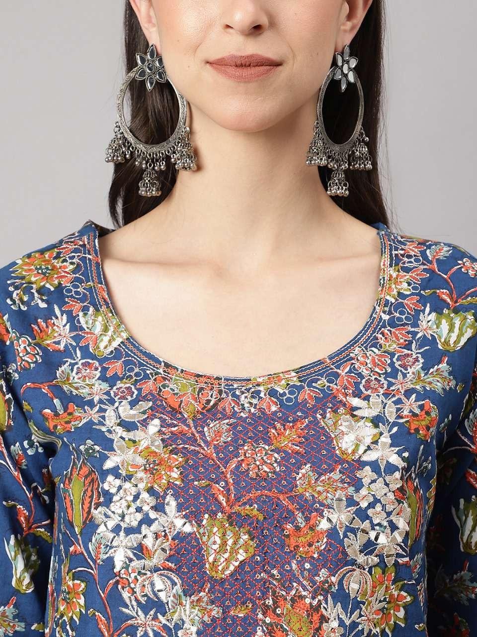 Blue and Green Floral Printed Cotton Kurta Pant Set with Dupatta