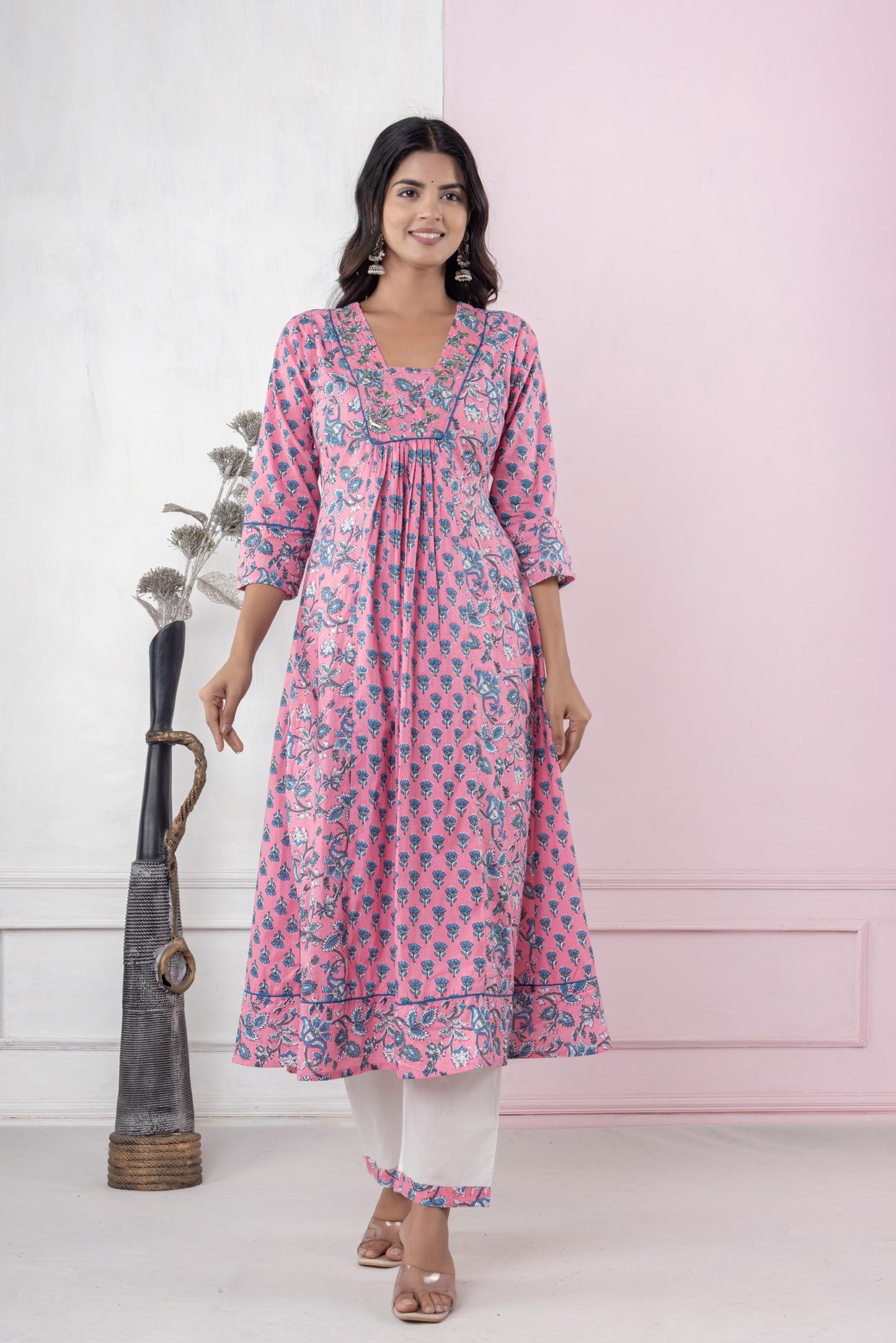 Jaipur Cotton Printed Kurta Pant and Dupatta Set in Pink