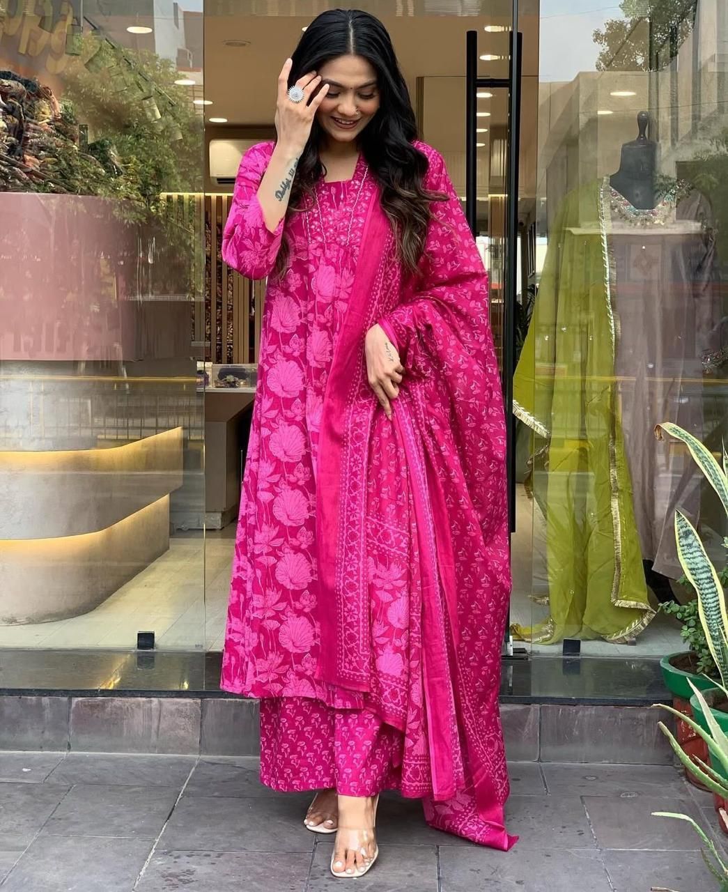 Rani Pink Cotton Kurta and Palazzo Set with Dupatta