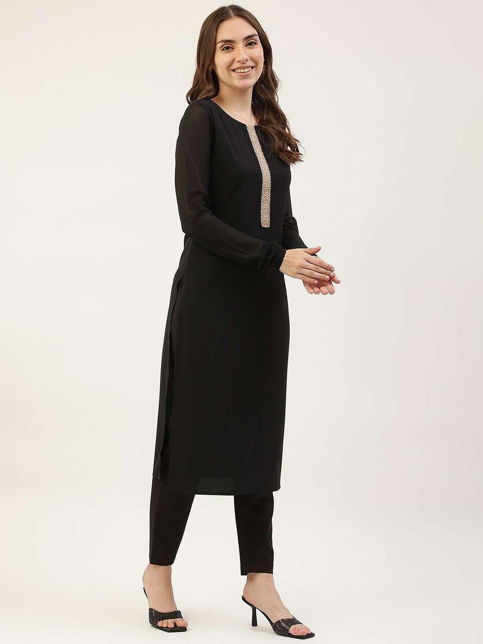 Embellished Straight Black Salwar Suit In Crepe Silk