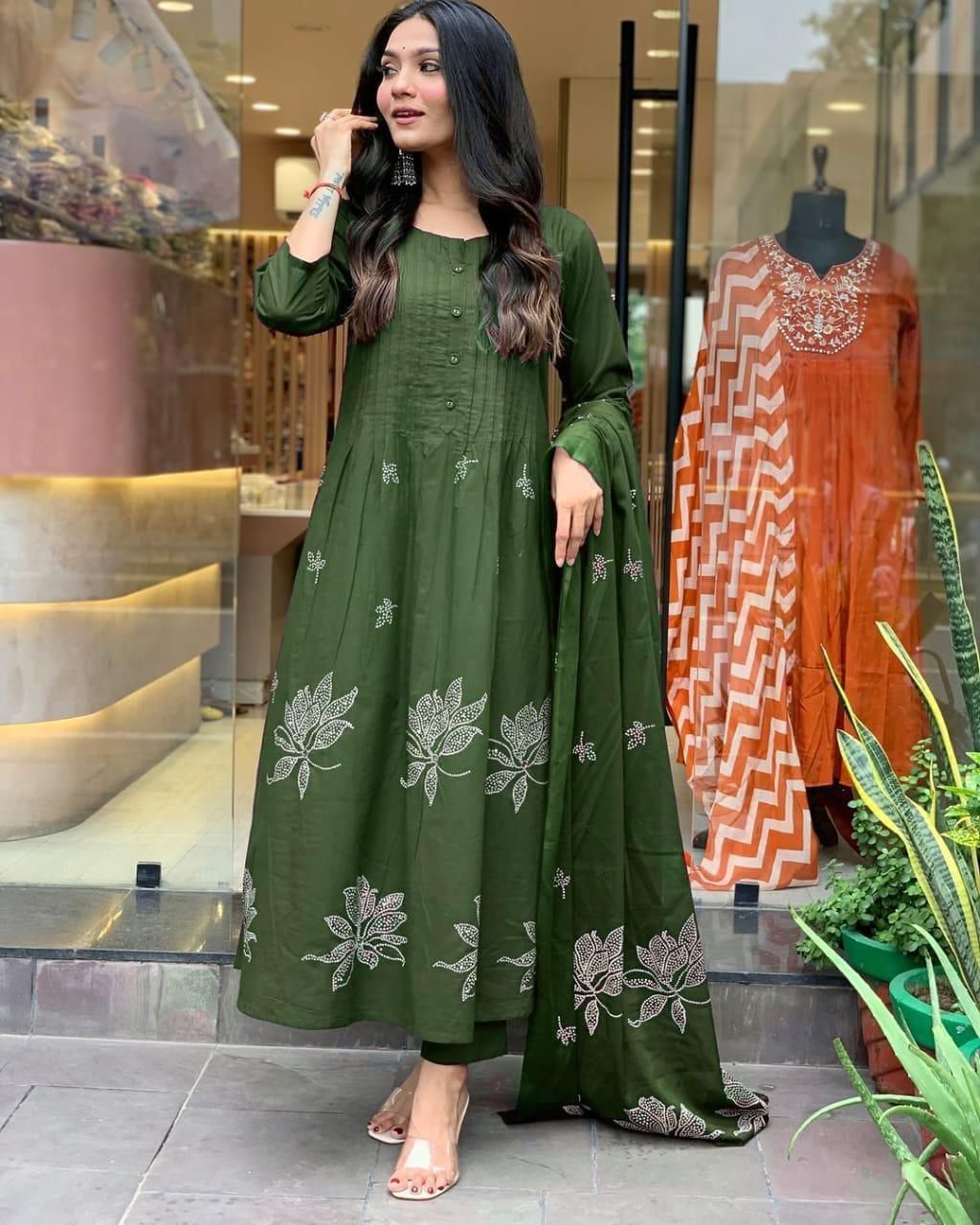 Olive Green Cotton Kurta Pant and Dupatta Set with Floral Prints