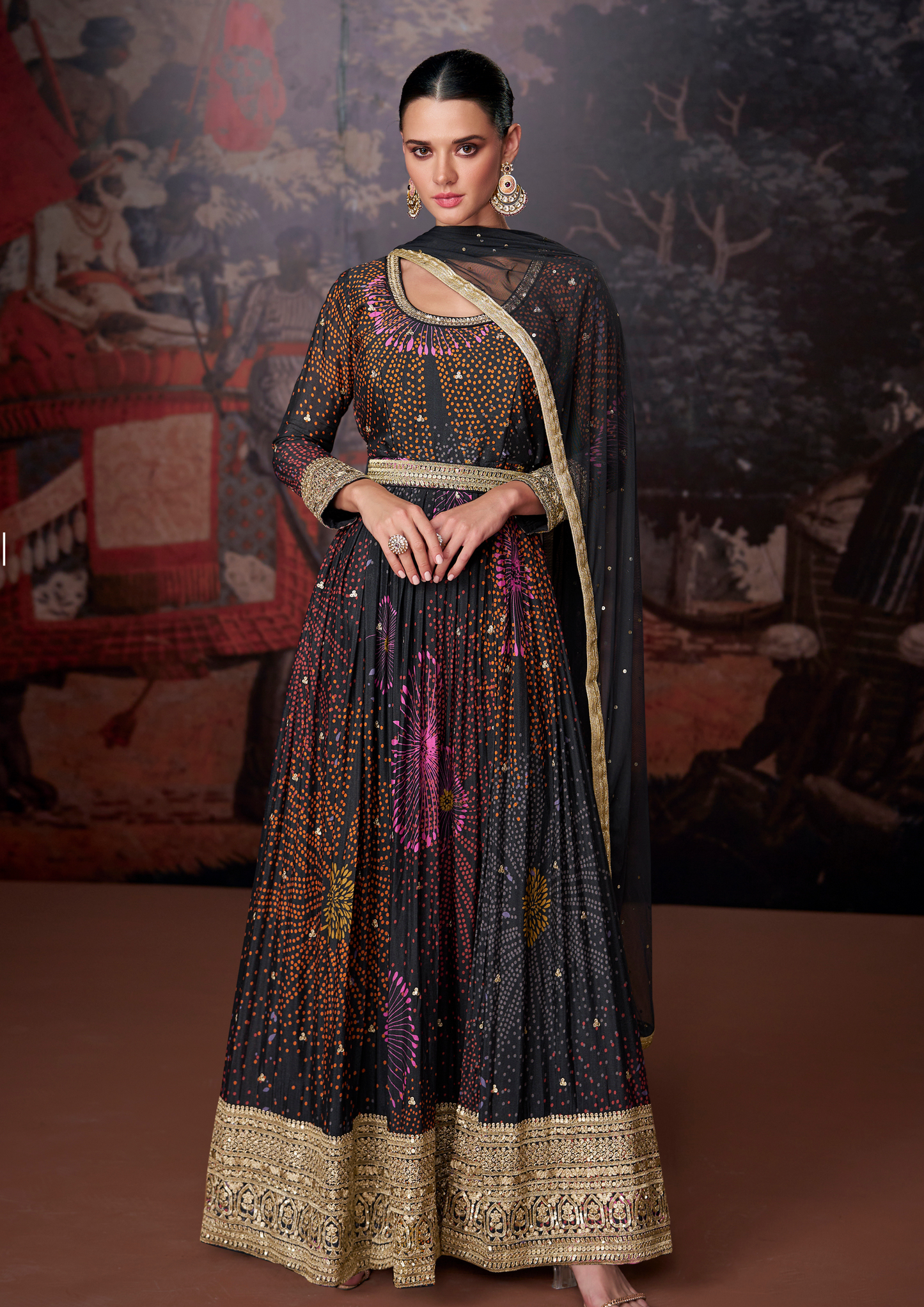 Black Printed Embroidered Georgette Anarkali Dress
