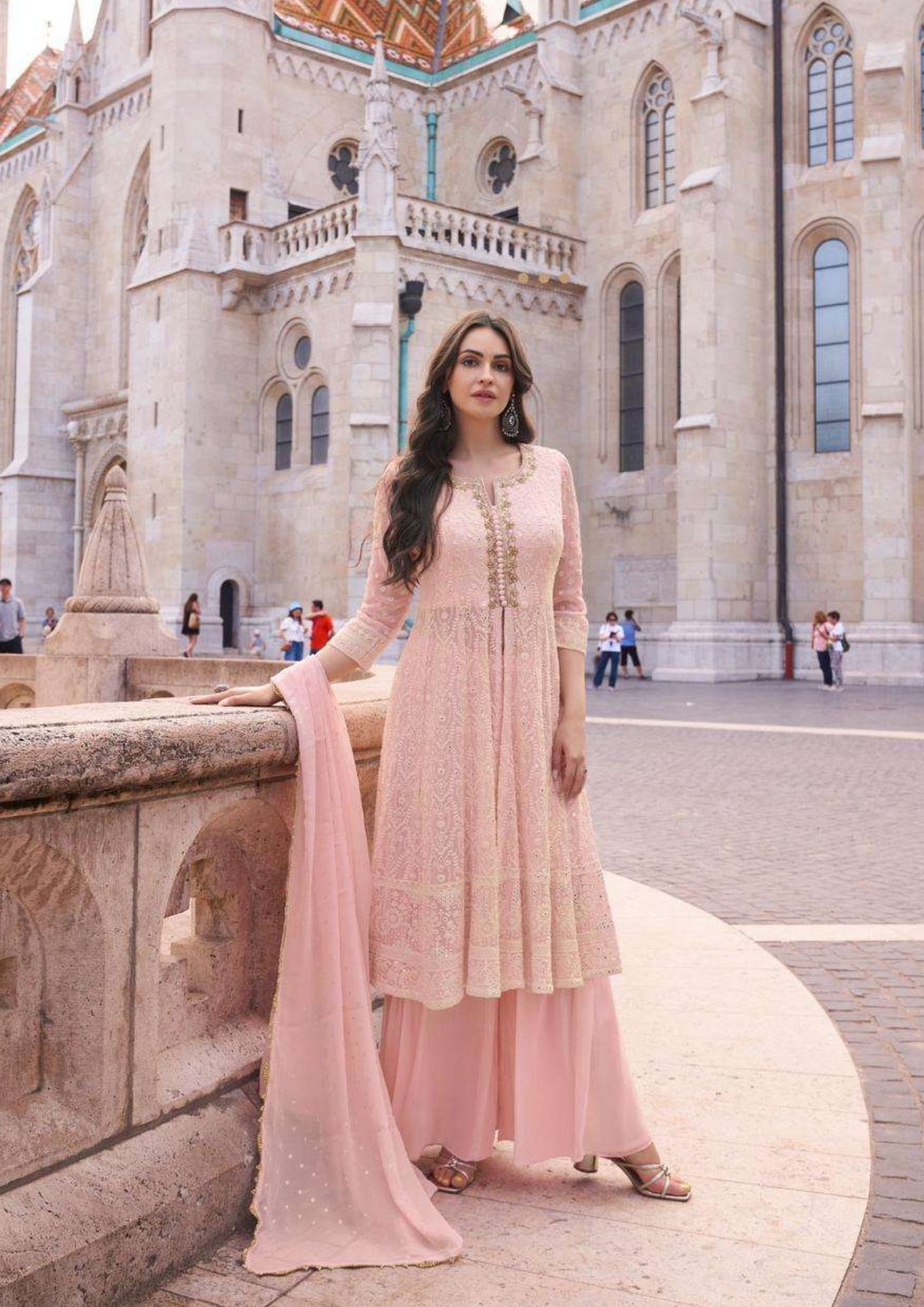 Blush Pink Embroidered Palazzo Suit with Dupatta in Georgette