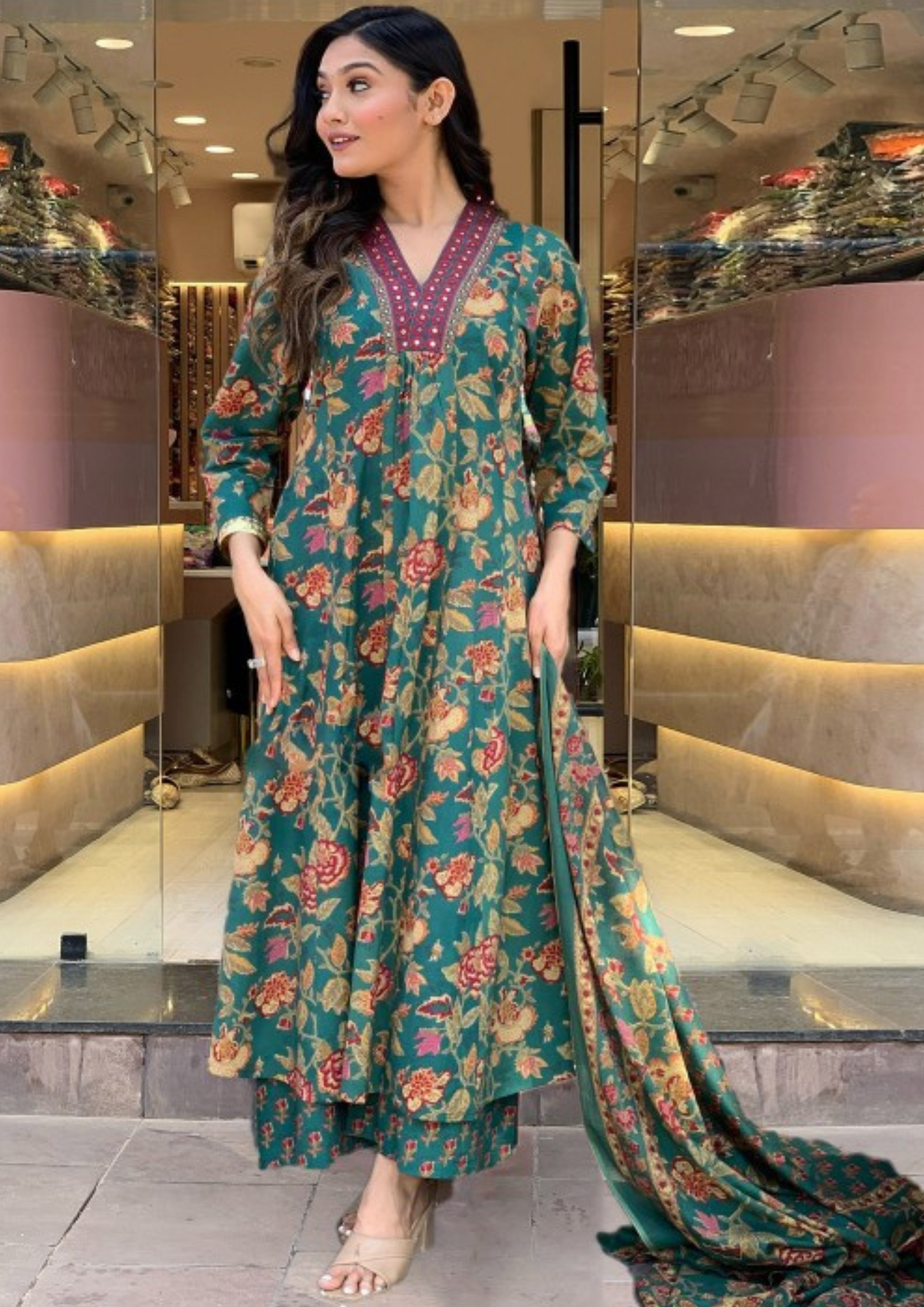 Anarkali Salwar Suit with Long Flared Kurta Pant and Dupatta