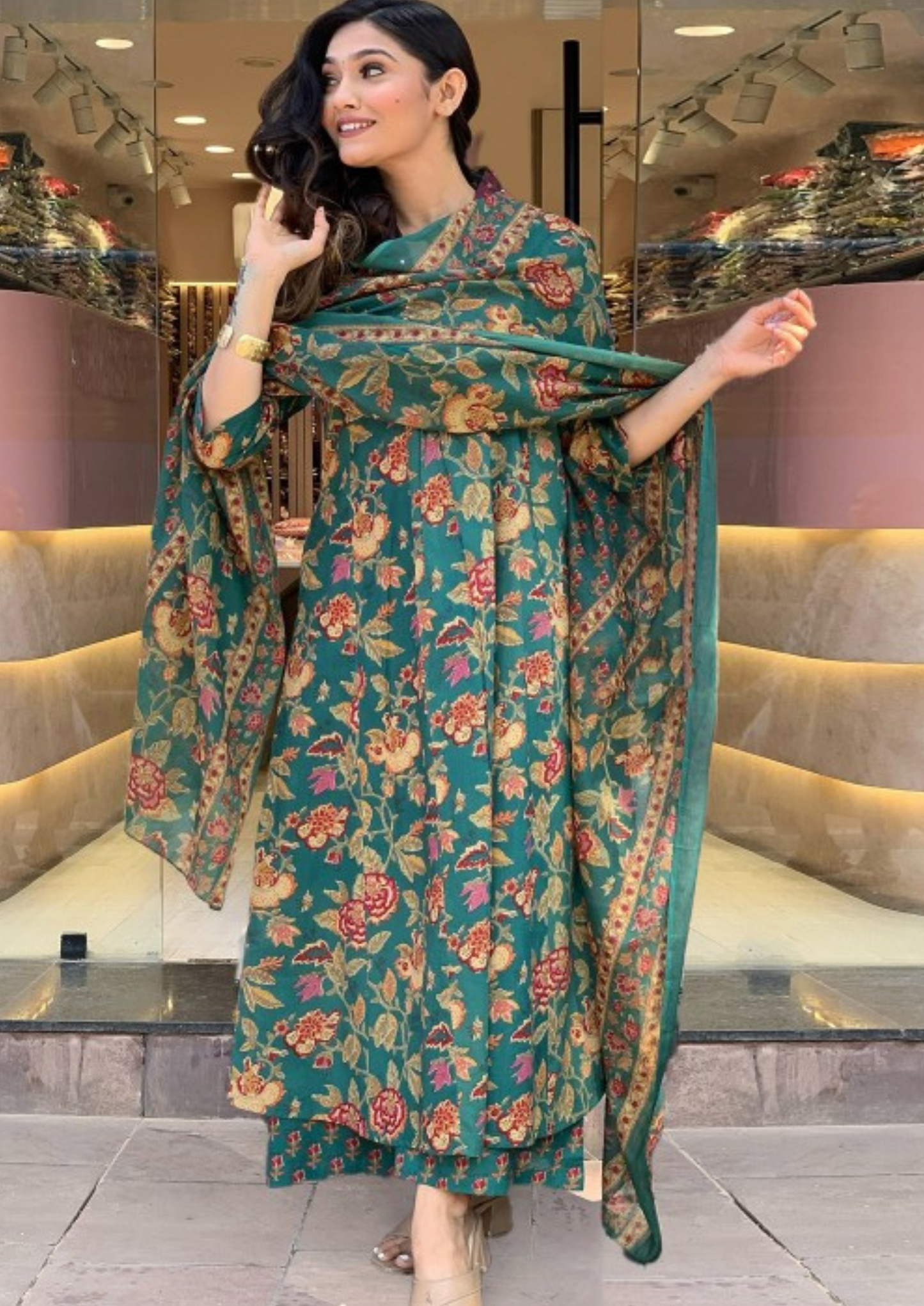 Anarkali Salwar Suit with Long Flared Kurta Pant and Dupatta