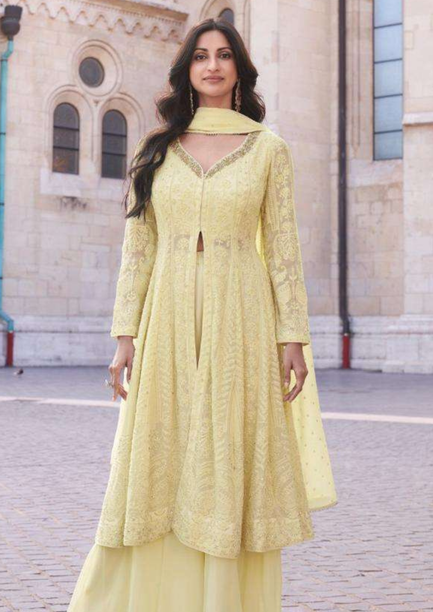 Embroidered Georgette Salwar Suit in Light Yellow