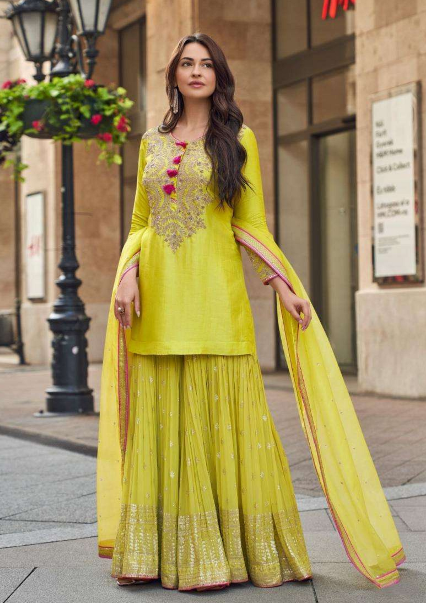 Yellow Silk Zari Embroidered Sequins Gorgeous Sharara Suit Wedding Wear